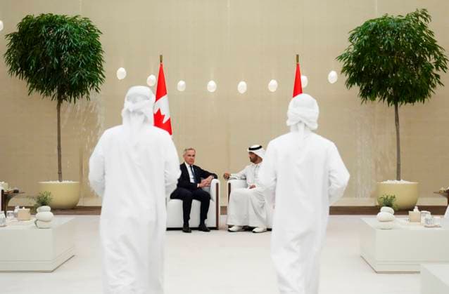 November 19, 2025, Abu Dhabi, United Arab Emirates: Prime Minister Mark Carney, left, meets with UAE Minister of Industry and Advanced Technology and Managing Director of state-run Abu Dhabi National Oil Co. (ADNOC) Sultan Ahmed al-Jaber as he arrives in Abu Dhabi, Wednesday, Nov. 19, 2025. Abu Dhabi United Arab Emirates  - ZUMAc35_ 20251119_zaf_c35_074 Copyright: xSeanxKilpatrickx