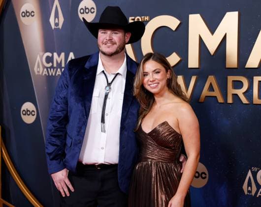 Wales Toney (L) arrives on the red carpet for the 59th CMA Awards in Nashville, Tennessee, on Wednesday, November 19, 2025.  NAS20251119162 JOHNxANGELILLO
