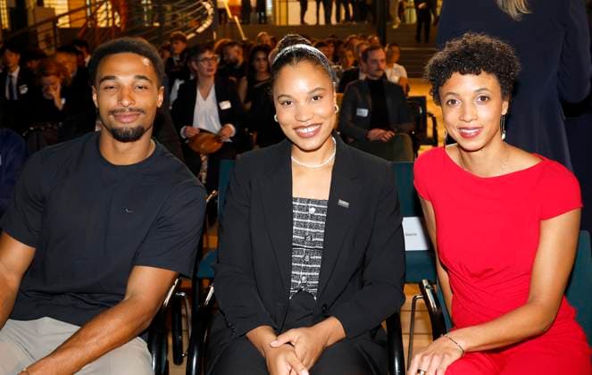 Yemisi Ogunleye, Leo Neugebauer, Malaika Mihambo at the TALISMAN 2025 award ceremony of the Deutschlandstiftung Integration at the Allianz Forum in Berlin