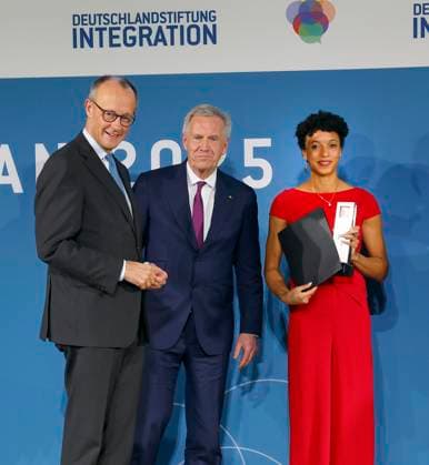 Patron Federal Chancellor Friedrich Merz, Christian Wulff Chairman of the DSI Foundation Board, Malaika Mihambo track and field athlete, multiple world and European champion at the TALISMAN 2025 award ceremony of the Deutschlandstiftung Integration at the Allianz Forum in Berlin