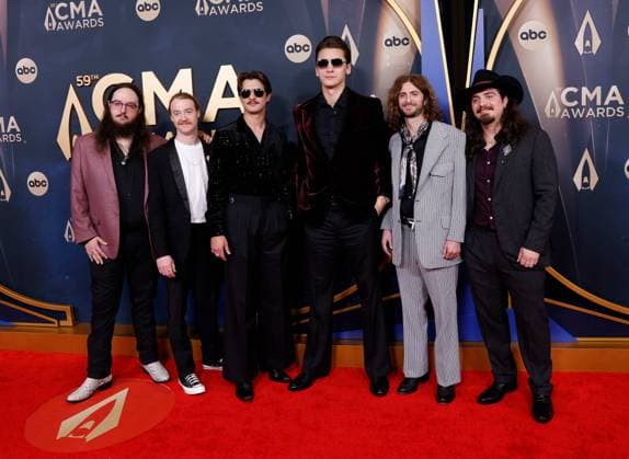 (L-R) John Hall, Andrew Nix, Brandon Coleman, Andrew Bishop, Zachary Rishel and Sevans Henderson arrive on the red carpet for the 59th CMA Awards in Nashville, Tennessee, on Wednesday, November 19, 2025.  NAS20251119215 JOHNxANGELILLO