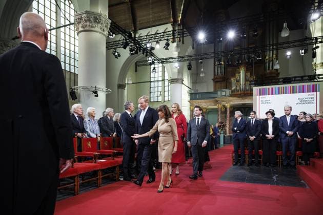 THE HAGUE King Willem-Alexander and Princess Amalia attended the Special Joint Session of the Senate and House of Representatives in the Grote Kerk (Great Church) to mark the eightieth anniversary of the first joint parliamentary session since the Second World War. The session reflected on the end of the war and the meaning of freedom in a time of conflict and polarization. ANP KOEN VAN WEEL netherlands out - belgium out  Copyright: xx x542570053x originalFilename: 542570053.jpg