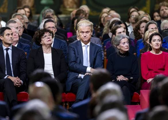THE HAGUE Rob Jetten (D66), Senator Ilona Lagas-Meijer (BBB), Geert Wilders (PVV), Senator Tanja Klip (VVD), and Dilan Yesilgoz (VVD) gathered in the Grote Kerk for the Special Joint Session of the Senate and House of Representatives, marking the eightieth anniversary of the first joint parliamentary session since the Second World War. The meeting reflected on the end of the war and the meaning of freedom in a time of conflict and polarization. ANP REMKO DE WAAL netherlands out - belgium out  Copyright: xx x542576955x originalFilename: 542576955.jpg