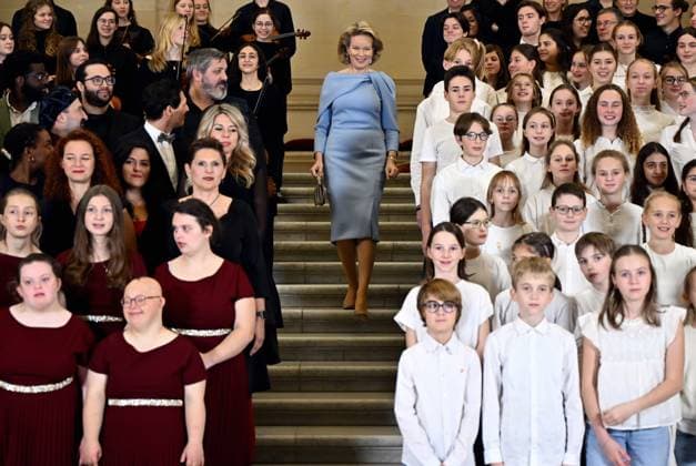 Queen Mathilde of Belgium pictured during the official celebration of the 25th anniversary of the Queen Mathilde Fund (FRM - KMF), to honour the people who have brought it to life, and look ahead to the future, Thursday 20 November 2025, at the Royal Palace in Brussels.  ERICxLALMAND 142929450