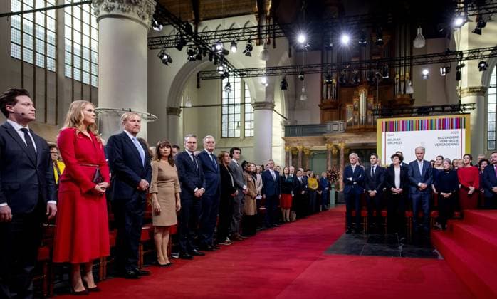 THE HAGUE King Willem-Alexander and Princess Amalia attended the Special Joint Session of the Senate and House of Representatives in the Grote Kerk (Great Church) to mark the eightieth anniversary of the first joint parliamentary session since the Second World War. The session reflected on the end of the war and the meaning of freedom in a time of conflict and polarization. ANP KOEN VAN WEEL netherlands out - belgium out  Copyright: xx x542581694x originalFilename: 542581694.jpg