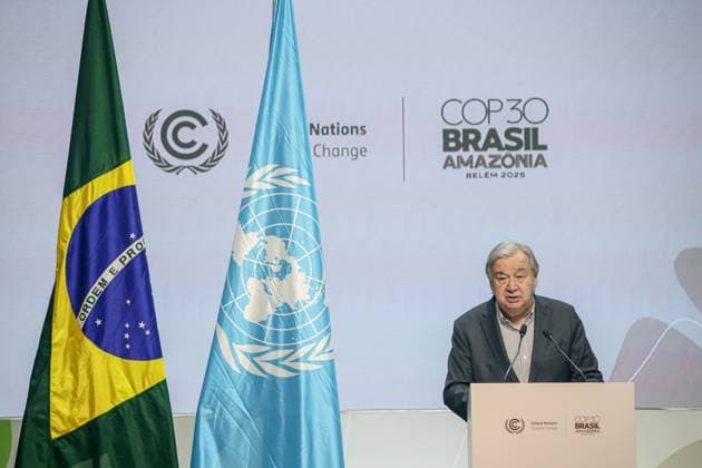 November 20, 2025, Belem, Brazil, Brazil: ANTONIO GUTERRES briefs the press on the penultimate day of COP30, urging progress on a roadmap for fossil fuel transition and climate finance. With negotiations still uncertain, he noted speculation over the summitÃ¢â‚¬â ¢s outcome but emphasized that a meaningful agreement remains within reach and expressed confidence that determination and compromise could guide the talks to a constructive conclusion. Belem Brazil - ZUMAo116 20251120_znp_o116_025 Copyright: xBiancaxOterox