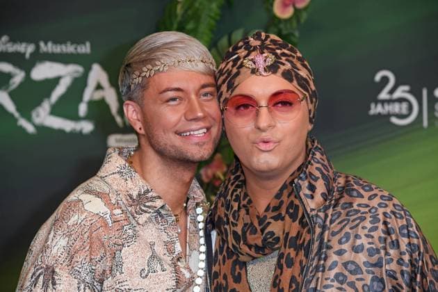 Julian F M Stöckel with friend Marcell Damaschke at the TARZAN musical premiere at the Stage Theater Neue Flora in Hamburg on 20 11 2025