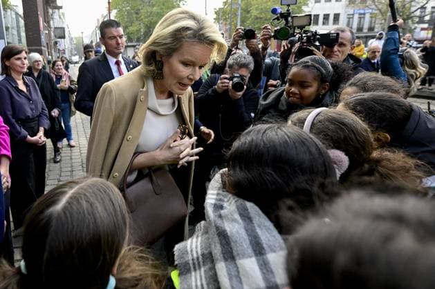 Queen Mathilde of Belgium pictured during a royal visit to the Kubus youth library in Antwerp, as part of Read Aloud Week (November 22-30), on Friday 21 November 2025. The Kubus offers young people aged 15 to 26 a space for reading, meeting, exchanging ideas and creating.  DIRKxWAEM 143190614