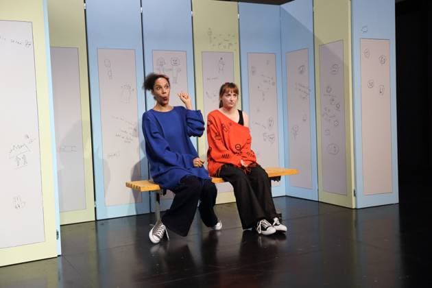 Lara Sophie Milagro as Saffa and Viktoria Schreiber as Nim , f l , during the photo rehearsal for Kuckucksnest at Grips Theater im Podewil in Berlin, 21 November 2025 Play for people aged 10 and up by Nina van Tongeren Directed by Sabine Trötschel Stage and costumes Klemens Kühn Premiere is on 26 November 2025 Grips Theater Berlin Kuckucksnest