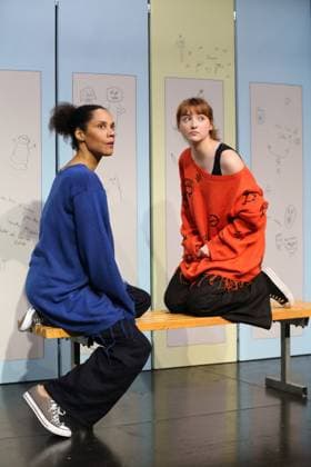 Lara Sophie Milagro as Saffa and Viktoria Schreiber as Nim , f l , during the photo rehearsal for Kuckucksnest at Grips Theater im Podewil in Berlin, 21 November 2025 Play for people aged 10 and up by Nina van Tongeren Directed by Sabine Trötschel Stage and costumes Klemens Kühn Premiere is on 26 November 2025 Grips Theater Berlin Kuckucksnest