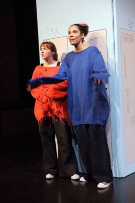 Viktoria Schreiber as Nim and Lara Sophie Milagro as Saffa , f l , during the photo rehearsal for Kuckucksnest at Grips Theater im Podewil in Berlin, 21 November 2025 Play for people aged 10 and up by Nina van Tongeren Directed by Sabine Trötschel Stage and costumes Klemens Kühn Premiere is on 26 November 2025 Grips Theater Berlin Kuckucksnest