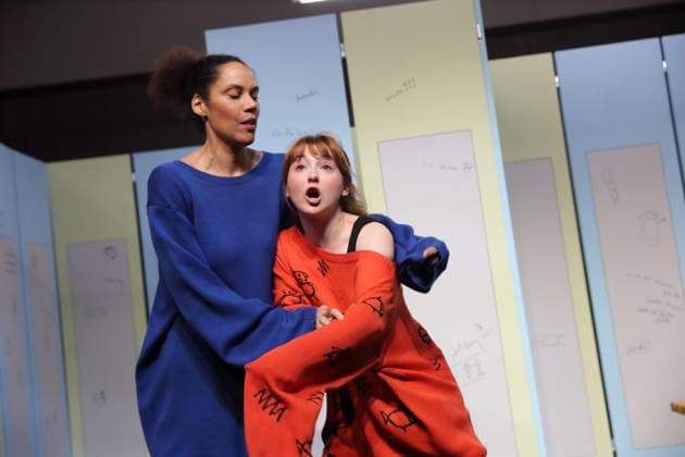 Lara Sophie Milagro as Saffa and Viktoria Schreiber as Nim , f l , during the photo rehearsal for Kuckucksnest at Grips Theater im Podewil in Berlin, 21 November 2025 Play for people aged 10 and up by Nina van Tongeren Directed by Sabine Trötschel Stage and costumes Klemens Kühn Premiere is on 26 November 2025 Grips Theater Berlin Kuckucksnest