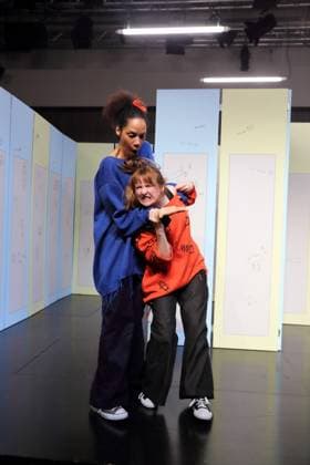 Lara Sophie Milagro as Saffa and Viktoria Schreiber as Nim , f l , during the photo rehearsal for Kuckucksnest at Grips Theater im Podewil in Berlin, 21 November 2025 Play for people aged 10 and up by Nina van Tongeren Directed by Sabine Trötschel Stage and costumes Klemens Kühn Premiere is on 26 November 2025 Grips Theater Berlin Kuckucksnest