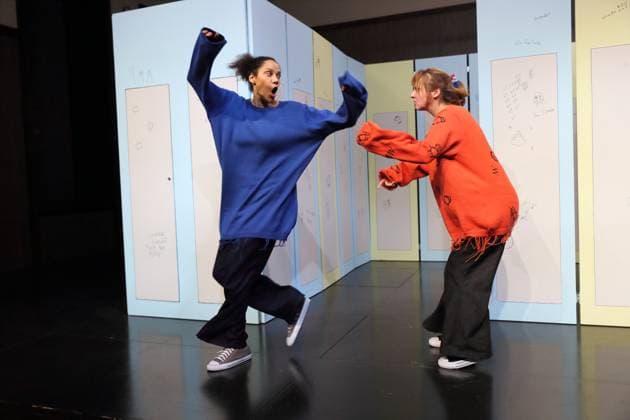 Lara Sophie Milagro as Saffa and Viktoria Schreiber as Nim , f l , during the photo rehearsal for Kuckucksnest at Grips Theater im Podewil in Berlin, 21 November 2025 Play for people aged 10 and up by Nina van Tongeren Directed by Sabine Trötschel Stage and costumes Klemens Kühn Premiere is on 26 November 2025 Grips Theater Berlin Kuckucksnest