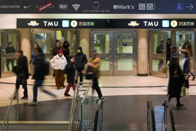 New TMU Station signs go up as TTC formalizes renaming of former Dundas Station A general view showing a exit at a station on November 11, 2025 in Downtown Ontario, Toronto, Canada. The switch from Dundas to TMU Station follows a university TTC partnership and arrives amid several major updates to the city™s transit system. (Photo by Au Lok Nin Nexpher Images) Downtown Ontario