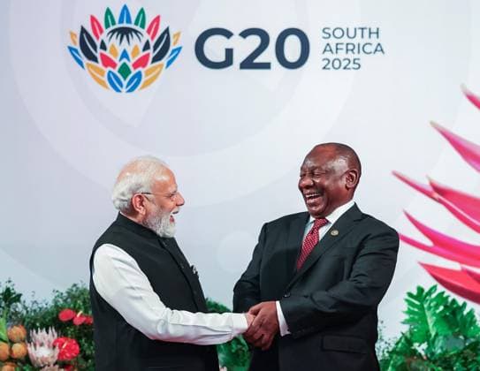 Prime Minister Narendra Modi with South African President Cyril Ramaphosa Johannesburg South Africa , Nov 22 (ANI): Prime Minister Narendra Modi shares a light moment with South African President Cyril Ramaphosa as they arrive at Expo Centre to attend the G20 Leaders™ Summit, in Johannesburg on Saturday. (DPR PMO ANI Photo) Johannesburg South Africa Copyright: xANIx ANI_20251122189