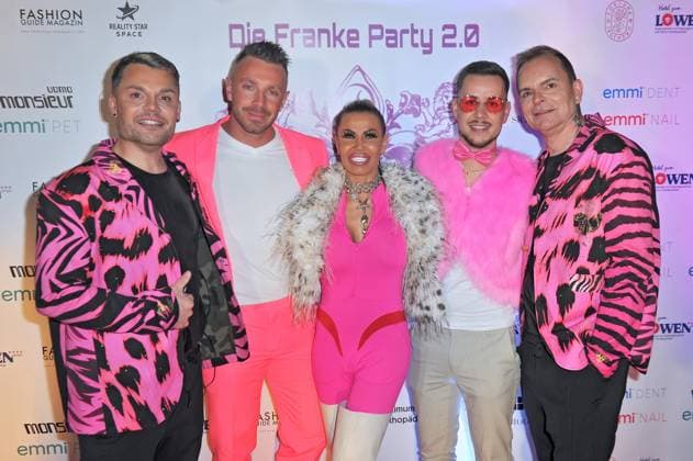 Franke Party 2 0 Sebastian and David Franke with Marco Schmid , Ginger Costello Wollersheim and Lukas Reiter on the occasion of the Franke Party 2 0 on 22 11 2025 in Mörfelden Walldorf 20251122MWI095599