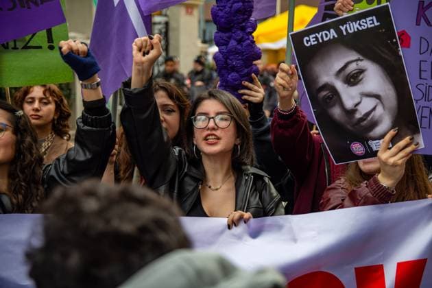 November 23, 2025, Istanbul, Istanbul, Turkey: Feminist protest ahead of the International Day for the Elimination of Violence Against Women..Women activists from the Young Feminists Federation, the We Will Stop Femicide Platform and several feminist organizations held a protest in front of the Sureyya Opera House ahead of the International Day for the Elimination of Violence Against Women on November 25. Demonstrators raised their voices against the rising number of femicides, precarious working conditions, unpaid domestic labor, and increasing state pressure on LGBTI+ communities. Participants chanted slogans such as Ã¢â‚¬oeWe donÃ¢â‚¬â ¢t want to die,Ã¢â‚¬Â Ã¢â‚¬oeEquality, freedom, secularism,Ã¢â‚¬Â and Ã¢â‚¬oeWomen are strong togethe - ZUMAt171 20251123_zip_t171_002 Copyright: xAbdullahxTepelix