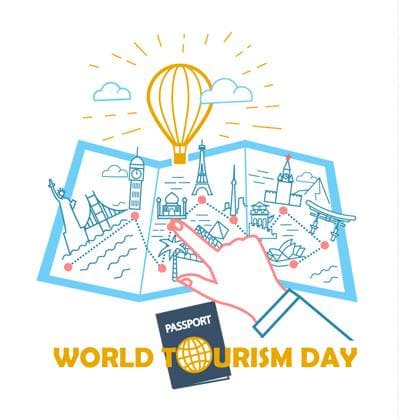Concept World Tourism Day Greeting card - World Tourism Day. concept of travel and choice of places for tourism. illustration in the linear style Copyright: xrodnikovayx