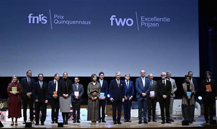 King Philippe - Filip of Belgium pictured during the award ceremony of the five-year Scientific Excellence Awards awarded by the Fund for Scientific Research (FWO - FRS - FNRS), at Bozar in Brussels on Monday 24 November 2025.  ERICxLALMAND 143882856
