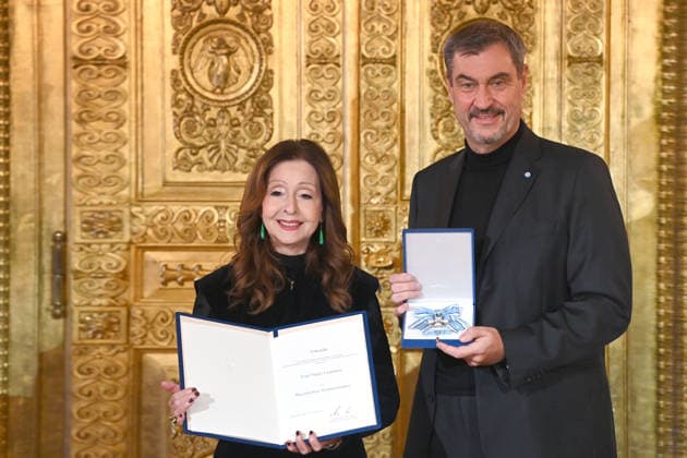 Vicky LEANDROS Saengerin receives the Bavarian Order of Merit from Markus SOEDER State Premier of Bavaria and CSU Chairman Bavarian Order of Merit Award Ceremony at Prinz Carl Palais in Munich on 24 11 2025