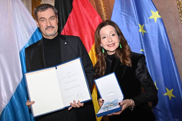 Vicky LEANDROS Saengerin receives the Bavarian Order of Merit from Markus SOEDER State Premier of Bavaria and CSU Chairman Bavarian Order of Merit Award Ceremony at Prinz Carl Palais in Munich on 24 11 2025