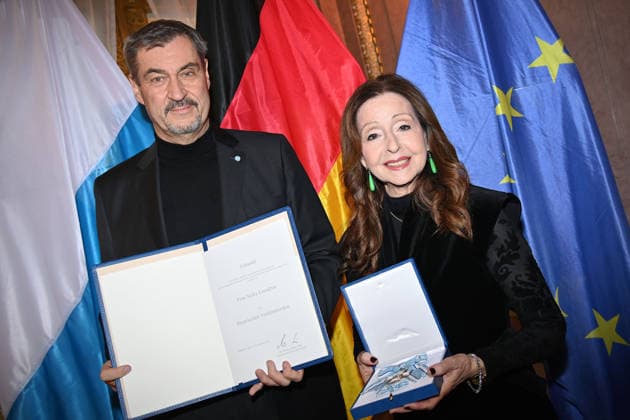 Vicky LEANDROS Saengerin receives the Bavarian Order of Merit from Markus SOEDER State Premier of Bavaria and CSU Chairman Bavarian Order of Merit Award Ceremony at Prinz Carl Palais in Munich on 24 11 2025