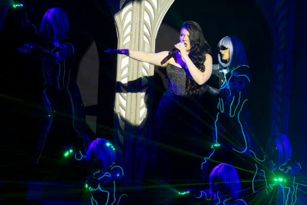 Satin Sarrasani 20, Andre Sarrasanis daughter, sings in the new dinner show Atlantis On Fire at the Chapiteau am Elbepark in Dresden