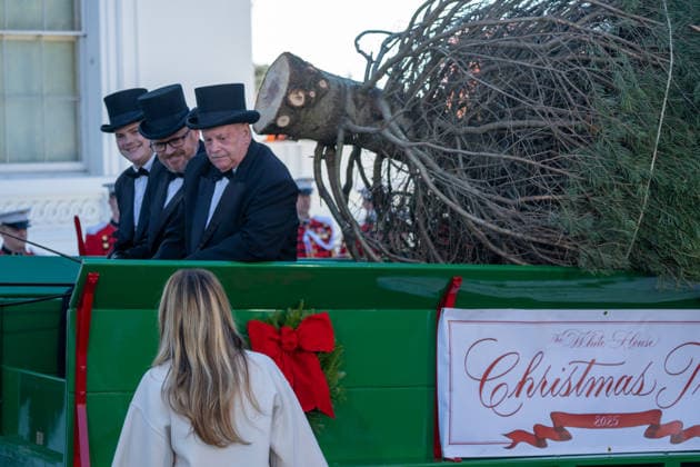 November 24, 2025, Washington, District of Columbia, United States: First Lady MELANIA TRUMP welcomes the White House Christmas Tree to the White House on November 24, 2025 Washington United States - ZUMAl312 20251124_znp_l312_006 Copyright: xAndrewxLeydenx