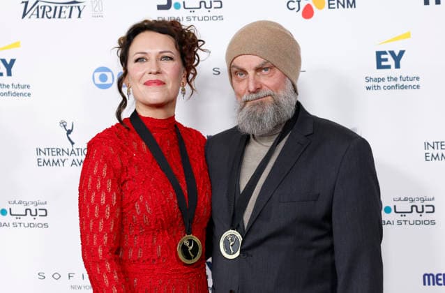 Marika Makaroff and Finnish producer Jarmo Lampela arrive on the red carpet at the 53rd International Emmy Awards at New York Hilton Midtown in New York City on Monday, November 24, 2025.  NYP20251124204 JohnxAngelillo
