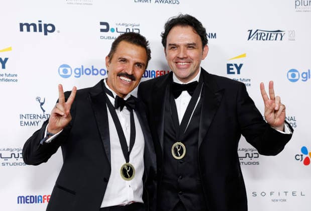 Billy Rovzar and Fernando Rovzar arrive on the red carpet at the 53rd International Emmy Awards at New York Hilton Midtown in New York City on Monday, November 24, 2025.  NYP20251124209 JohnxAngelillo