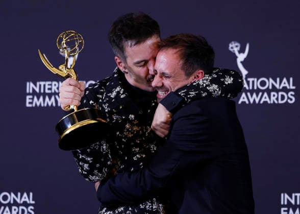 Spanish director Javier Giner and Spanish actor Oriol Pla arrive in the press room after winning the Best Performance by an Actor award for I, Addict in the press room at the 53rd International Emmy Awards at New York Hilton Midtown in New York City on Monday, November 24, 2025.  NYP20251124259 JohnxAngelillo
