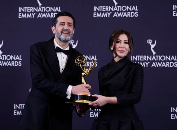 Algerian journalist Fairouz Ziani and Palestinian journalist Asef Hamidi arrive in the press room with the News award for Gaza at the 53rd International Emmy Awards at New York Hilton Midtown in New York City on Monday, November 24, 2025.  NYP20251124261 JohnxAngelillo