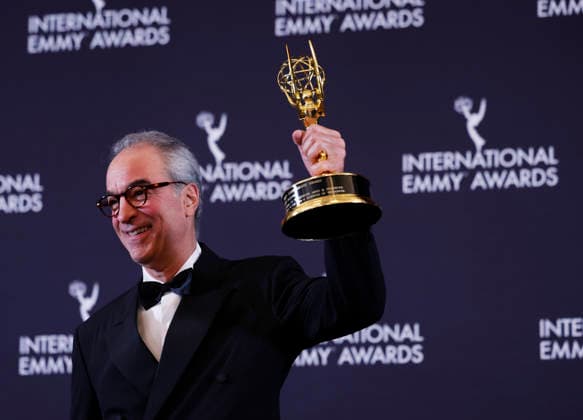Brazilian media executive Joao Roberto Marinho arrives in the press room with the Directorate Award at the 53rd International Emmy Awards at New York Hilton Midtown in New York City on Monday, November 24, 2025.  NYP20251124262 JohnxAngelillo