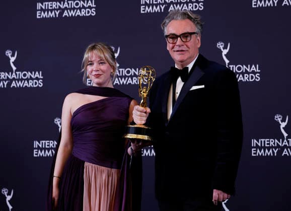 British producer Anya Wilson and British executive producer Kenton Allen arrive in the press room with the Comedy award for Ludwig at the 53rd International Emmy Awards at New York Hilton Midtown in New York City on Monday, November 24, 2025.  NYP20251124268 JohnxAngelillo