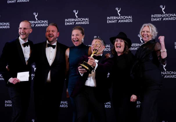 Danish producer Mette Louise Gronbjer and Swedish producer Niclas Nordenstrom arrive in the press room with the Non-Scripted Entertainment award for Shaolin Heroes at the 53rd International Emmy Awards at New York Hilton Midtown in New York City on Monday, November 24, 2025.  NYP20251124264 JohnxAngelillo