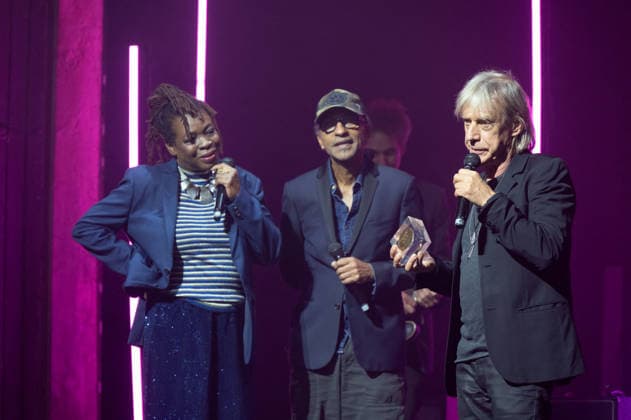 Grands Prix de la Sacem 2025 Ceremony - Paris Jean-Louis Aubert (Grand prix de la chanson francaise, createur-interprete) with Princess Erika and Manu Katche attending the Grands Prix de la Sacem 2025 Ceremony held at Les folies Bergeres theater, in Paris, France, on November 24, 2025. Photo by Mireille Ampilhac ABACAPRESS.COM Paris France  Copyright: xAmpilhacxMireille ABACAx