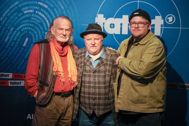 Premiere Münster Tatort Press event for the premiere of the new Münster Tatort Die Erfindung des Rades The broadcast is on December 7 on Ersten and the ARD Mediathek Claus D Clausnitzer, as Herbert Vaddern, Axel Prahl, as Frank Thiel and Björn Meyer, as Mirko Schrader Thiel Münster, North Rhine-Westphalia, DEU, Germany, 25 11 2025