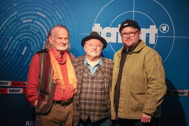 Premiere Münster Tatort Press event for the premiere of the new Münster Tatort Die Erfindung des Rades The broadcast is on December 7 on Ersten and the ARD Mediathek Claus D Clausnitzer, as Herbert Vaddern, Axel Prahl, as Frank Thiel and Björn Meyer, as Mirko Schrader Thiel Münster, North Rhine-Westphalia, DEU, Germany, 25 11 2025