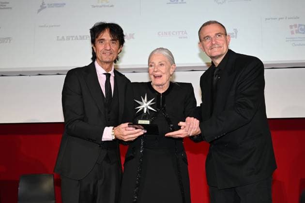 43rd Turin Film Festival 2025, Day 4 - Mole Stars Award to Vanessa Redgrave. Pictured: Giulio Base, Vanessa Redgrave, Carlo Gabriel Nero  Copyright: xMaurizioxD Avanzox xipa-agency.netx xDxAvanzo Mangiarottix IPA_Agency_IPA68381577