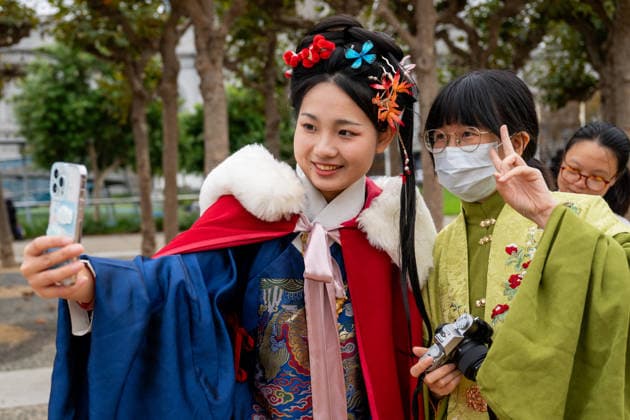 SAN FRANCISCO, CA - NOVEMBER 16: People dressed in Hanfu costumes (traditional Chinese costumes) take a selfie during the annual Hanfu parade organized by Northern California Hanfu Association on November 16, 2025 in San Francisco, California.  Copyright: xVCGx 111605922247