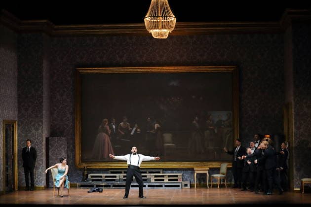 Navasard Hakobyan as Giovanni de Siriex and ensemble during the photo rehearsal for Fedora at the Deutsche Oper in Berlin, November 25, 2025 Melodramma in three acts by Umberto Giordano Musical direction John Fiore Production Christof Loy Stage and costumes Herbert Murauer Premiere is on November 27, 2025 Deutsche Oper Berlin Fedora