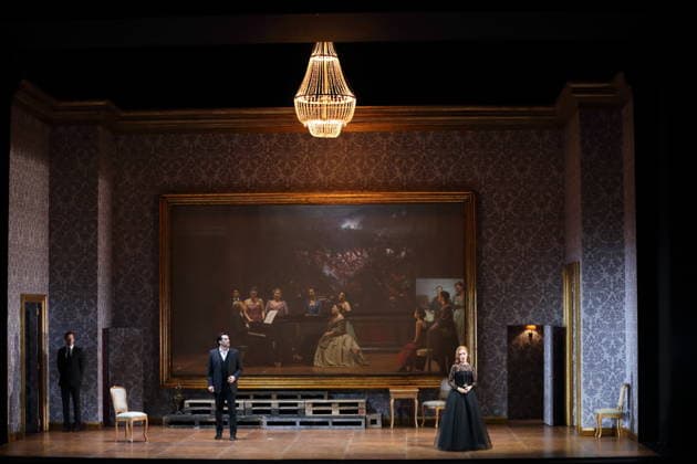 Jonathan Tetelman as Count Loris Ipanov and Vida Mikneviciute as Princess Fedora Romazov during the photo rehearsal for Fedora at the Deutsche Oper in Berlin, November 25, 2025 Melodramma in three acts by Umberto Giordano Musical direction John Fiore Staging Christof Loy Stage and costumes Herbert Murauer Premiere is on November 27, 2025 Deutsche Oper