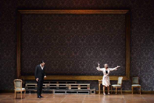 Jonathan Tetelman as Count Loris Ipanov and Vida Mikneviciute as Princess Fedora Romazov during the photo rehearsal for Fedora at the Deutsche Oper in Berlin, November 25, 2025 Melodramma in three acts by Umberto Giordano Musical direction John Fiore Staging Christof Loy Stage and costumes Herbert Murauer Premiere is on November 27, 2025 Deutsche Oper
