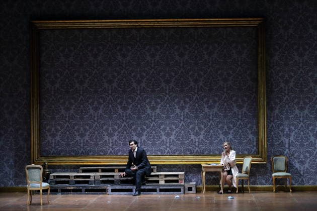Jonathan Tetelman as Count Loris Ipanov and Vida Mikneviciute as Princess Fedora Romazov during the photo rehearsal for Fedora at the Deutsche Oper in Berlin, November 25, 2025 Melodramma in three acts by Umberto Giordano Musical direction John Fiore Staging Christof Loy Stage and costumes Herbert Murauer Premiere is on November 27, 2025 Deutsche Oper