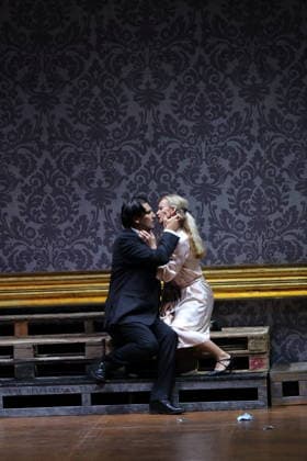 Jonathan Tetelman as Count Loris Ipanov and Vida Mikneviciute as Princess Fedora Romazov during the photo rehearsal for Fedora at the Deutsche Oper in Berlin, November 25, 2025 Melodramma in three acts by Umberto Giordano Musical direction John Fiore Staging Christof Loy Stage and costumes Herbert Murauer Premiere is on November 27, 2025 Deutsche Oper