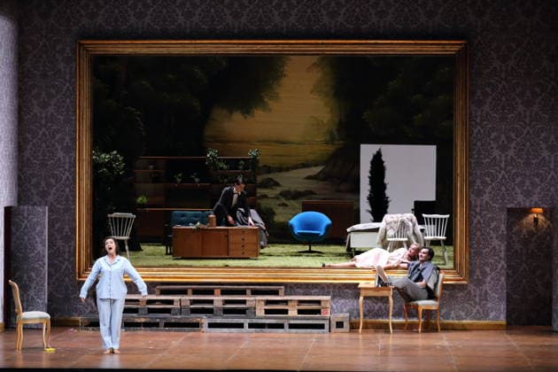 Julia Muzychenko as Countess Olga Sukarev , Arianna Manganello as Dimitri , Vida Mikneviciute as Princess Fedora Romazov and Jonathan Tetelman as Count Loris Ipanov , f l , during the photo rehearsal for Fedora at the Deutsche Oper in Berlin, November 25, 2025 Melodr