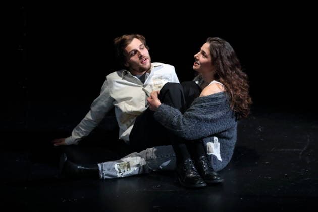 Jonas Dassler and Aysima Ergün during the photo rehearsal for Die Allerletzten at the Maxim Gorki Theater in Berlin, Studio, 26 November 2025 Play and direction Marco Damghani Stage Hugo Gretler Costumes Ragna Fiona Rabea Hemmersbach Premiere is on 28 November 2025 Maxim Gorki Theater Berlin Die Allerletzten