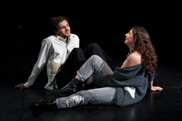 Jonas Dassler and Aysima Ergün during the photo rehearsal for Die Allerletzten at the Maxim Gorki Theater in Berlin, Studio, 26 November 2025 Play and direction Marco Damghani Stage Hugo Gretler Costumes Ragna Fiona Rabea Hemmersbach Premiere is on 28 November 2025 Maxim Gorki Theater Berlin Die Allerletzten