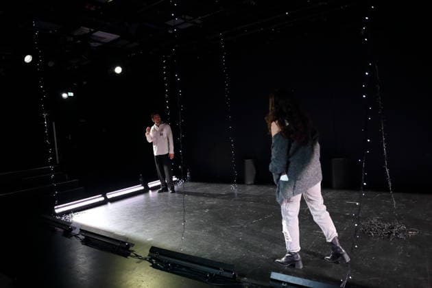 Jonas Dassler and Aysima Ergün during the photo rehearsal for Die Allerletzten at the Maxim Gorki Theater in Berlin, Studio, 26 November 2025 Play and direction Marco Damghani Stage Hugo Gretler Costumes Ragna Fiona Rabea Hemmersbach Premiere is on 28 November 2025 Maxim Gorki Theater Berlin Die Allerletzten